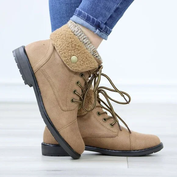 Sherpa Ankle Lined Combat Flat Heel Ankles Boots Tan Faux Leather - Picture 2 of 12